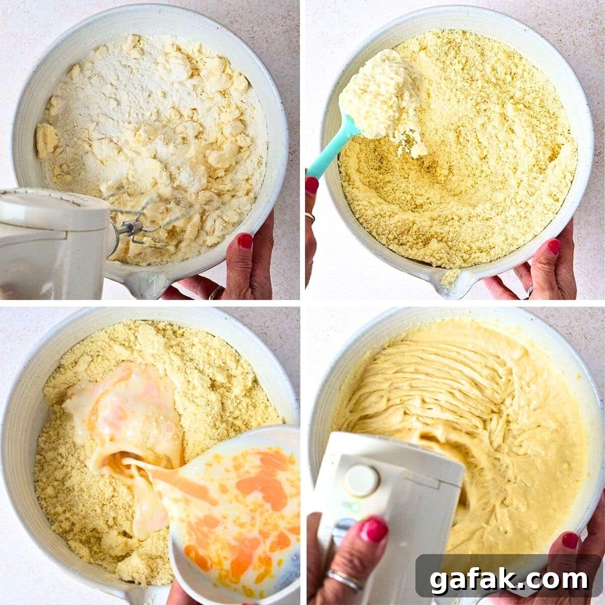 Four photos showing cake batter preparation: mixing flour and butter with a hand mixer, folding batter with a spatula, pouring egg mixture into the bowl, and blending everything together with a mixer.