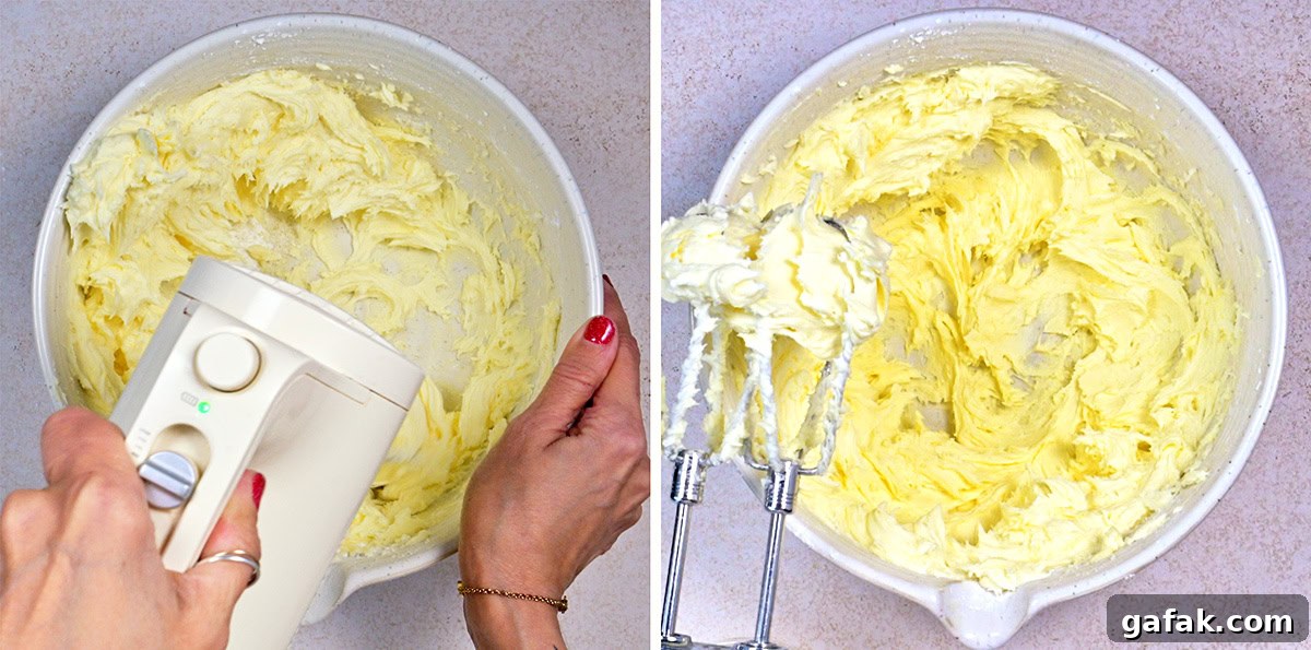 Side-by-side images show hands using an electric mixer to cream butter in a white mixing bowl; one image shows mixing in progress, the other shows fluffy creamed butter and beaters lifted from the bowl.