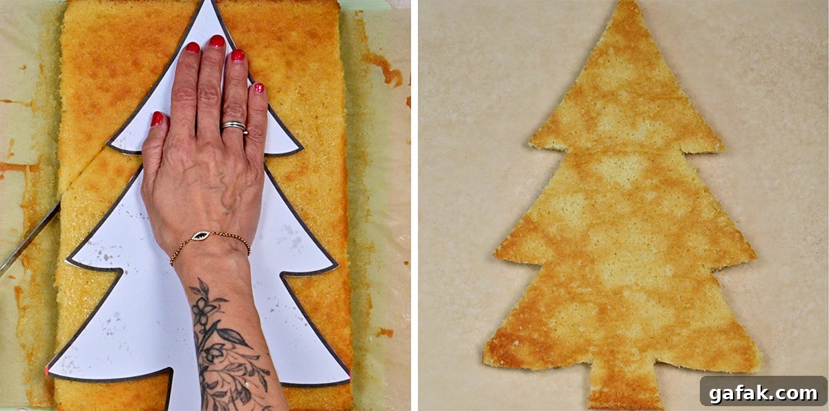 A hand with red nails holds a paper Christmas tree template on a rectangular cake, preparing to cut it into a tree shape; on the right, the tree-shaped cake is shown on parchment paper.