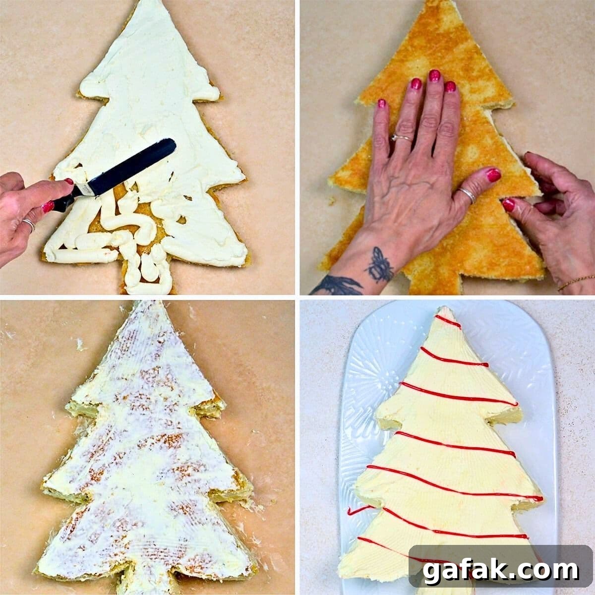 Four-step collage showing a Christmas tree-shaped cake being assembled: spreading frosting, layering cake, coating with more frosting, and finished cake decorated with red lines on a white platter.