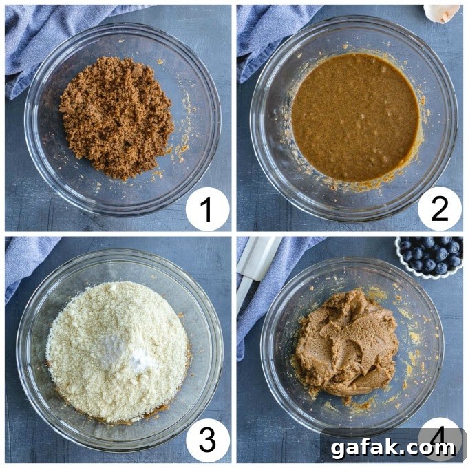 Collage of 4 images showing how the cookie dough is made in a large glass bowl.