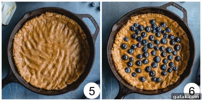 Collage of 2 images showing how the dough is pressed into the skillet and topped with blueberries.
