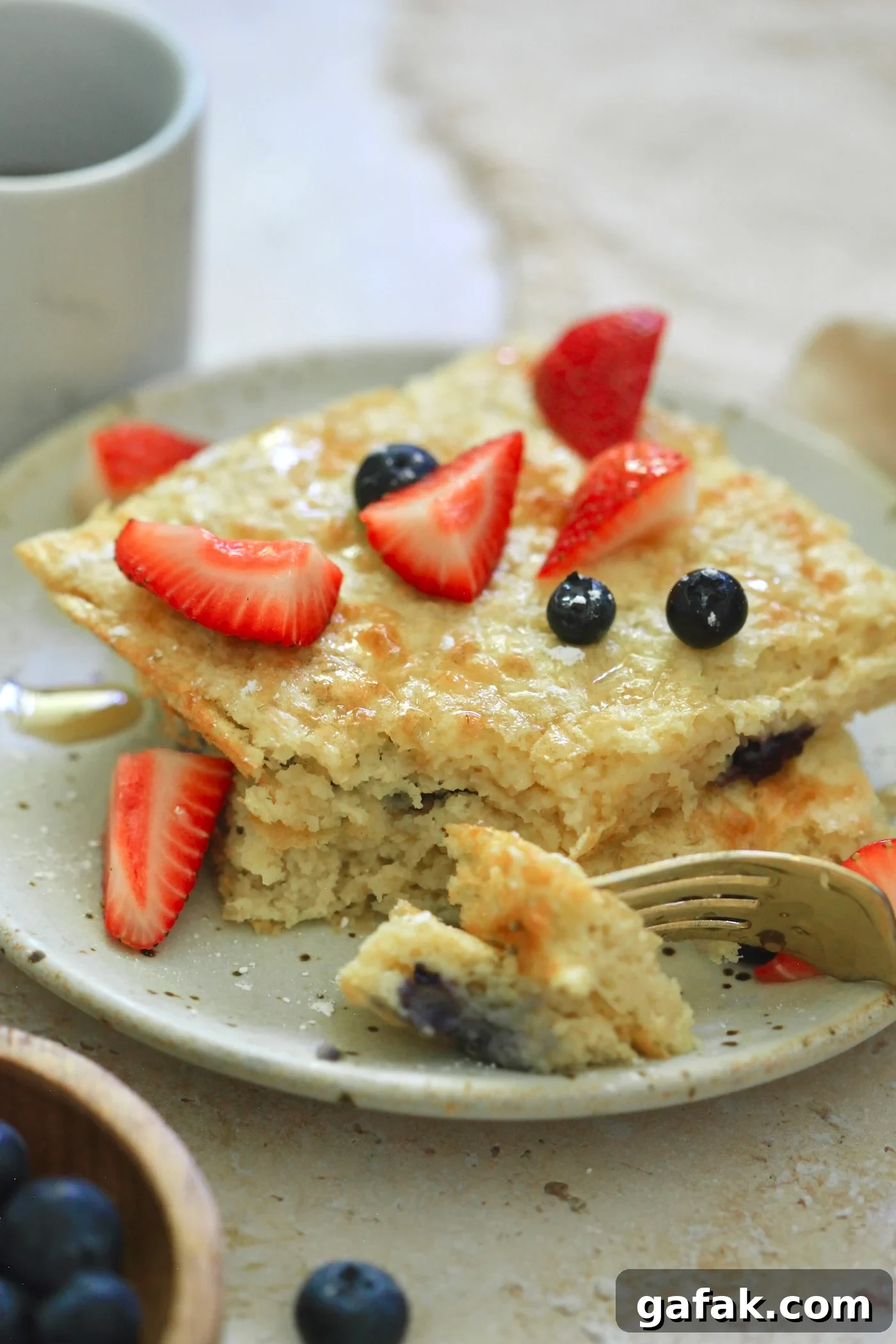 up close view up pancake on plate with fork taking bite out.
