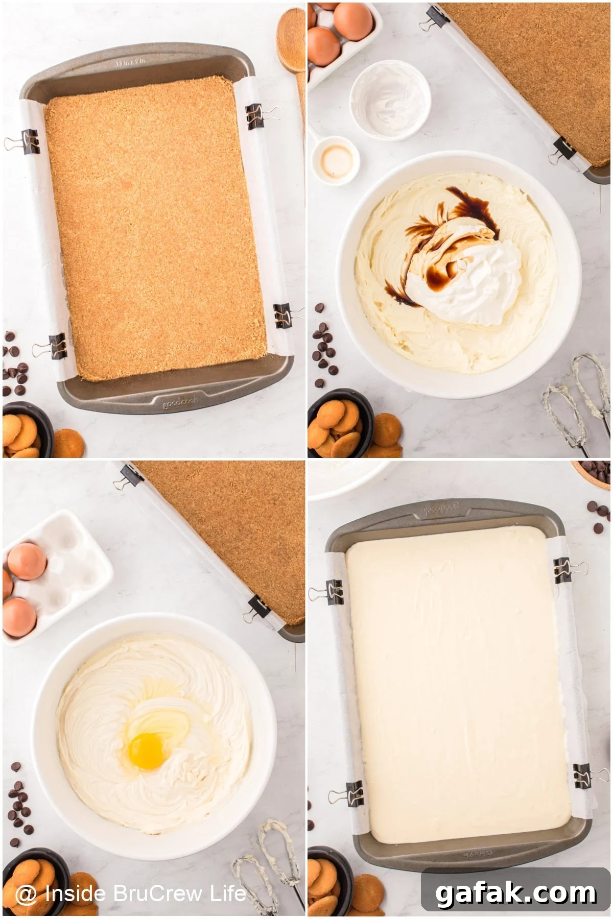 Creamy No-Bake Cheesecake Bars Recipe for Parties 4 Four pictures collaged together showing the steps in making 9x13 cheesecake bars.