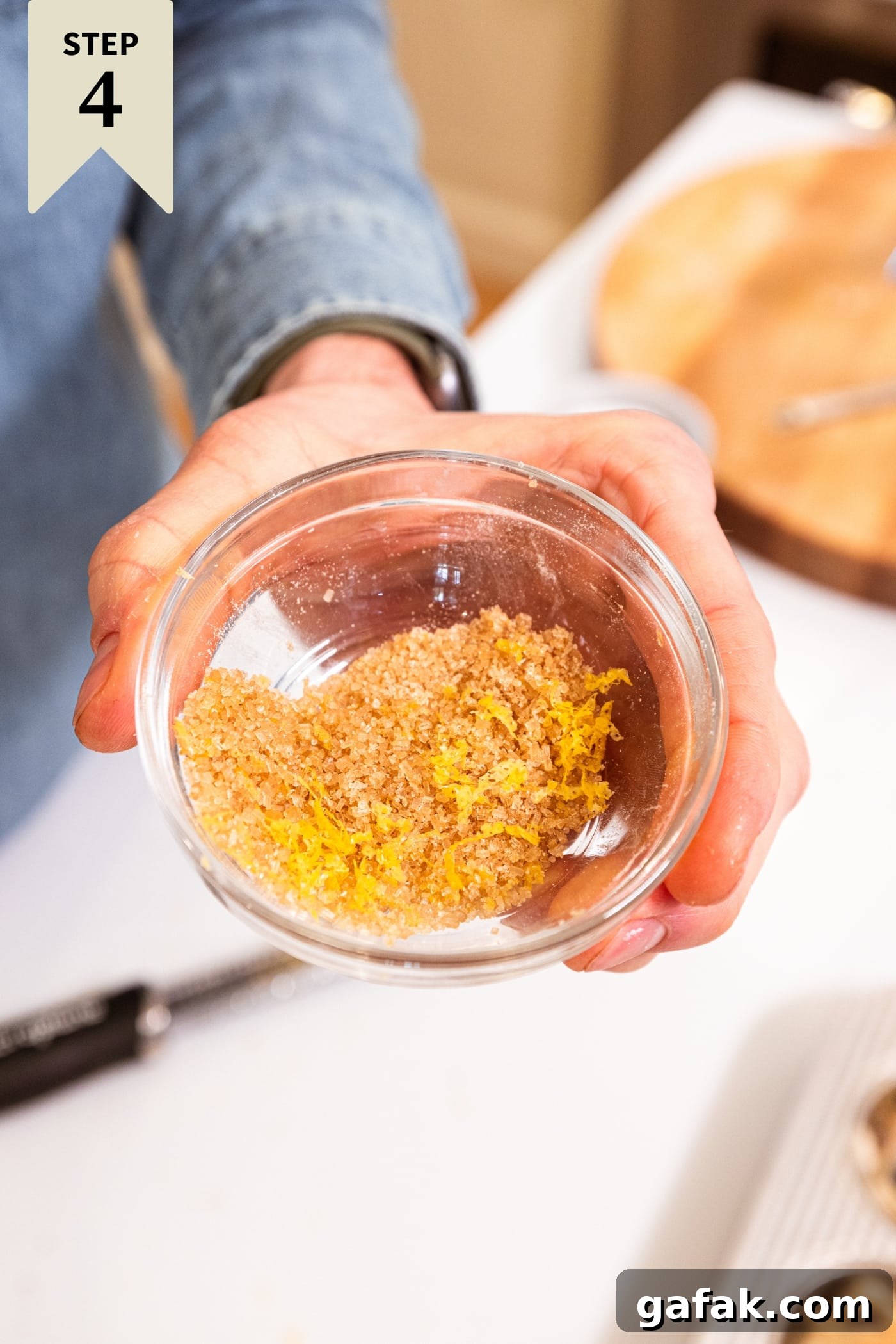 Small glass bowl filled with mixture of lemon zest and turbinado sugar before being sprinkled on top of muffins.