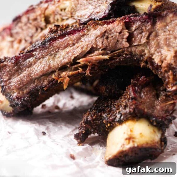 Traeger smoked beef ribs sliced and stacked.