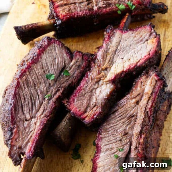 Smoked beef plate short ribs showing the smoke ring after being sliced.