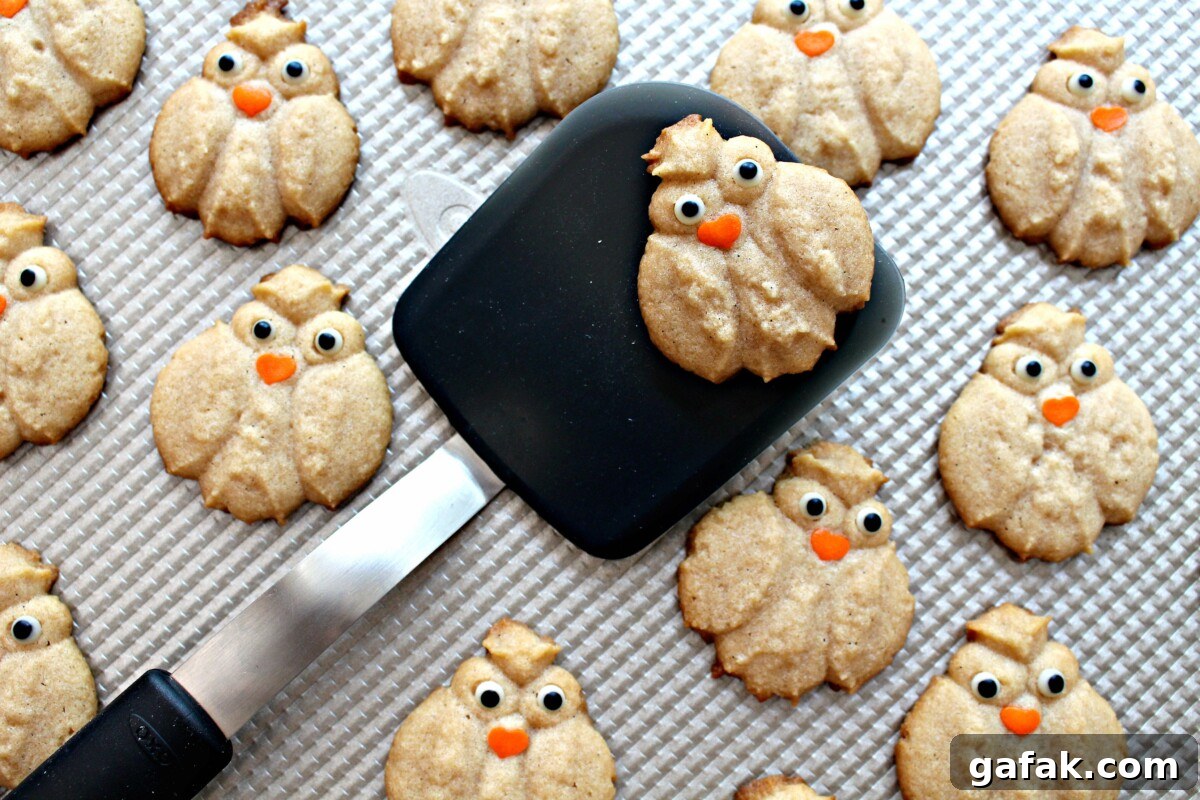 Cinnamon Spritz Owl Cookies are buttery cookies warmed with cinnamon and baked until crisp. A cookie press easily makes dozens of owls in minutes! | themondaybox.com Baked Cinnamon Spritz Owl Cookies being removed from baking sheet with a black spatula.