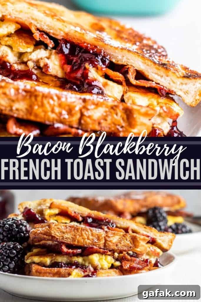 Pin for french toast sandwich with blue overlay and white text.