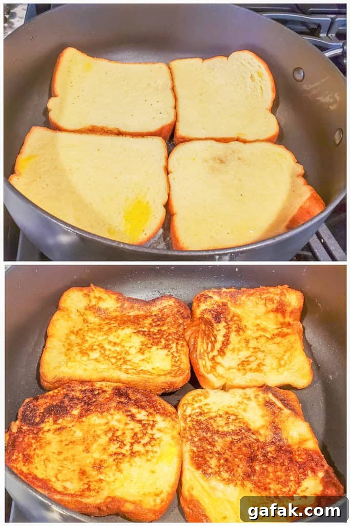 Prep image showing french toast being cooked in black skillet.