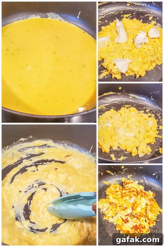 Prep image collage showing eggs being cooked in a black skillet.