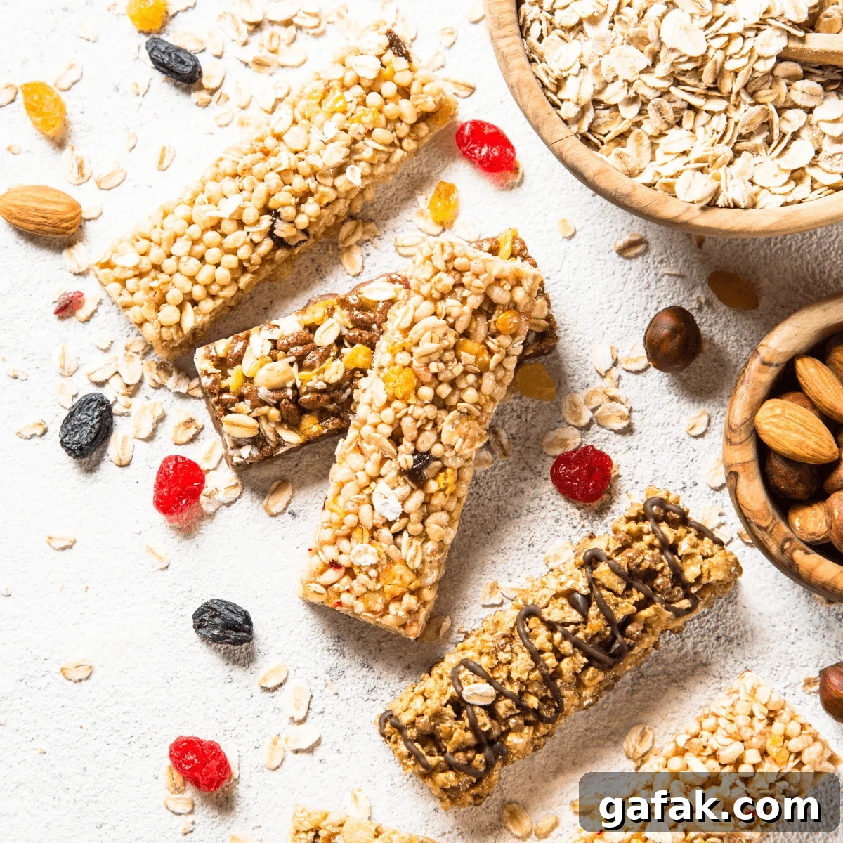 Five granola bars sitting on a table surrounded by ingredients, including nuts, oats, raisins and dried fruit
