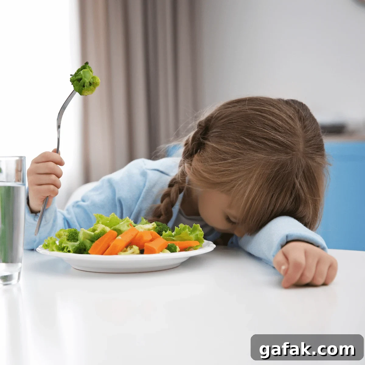 Young girl with head down on table, next to a plate of vegetables, holding a fork in the air with a piece of broccoli on it