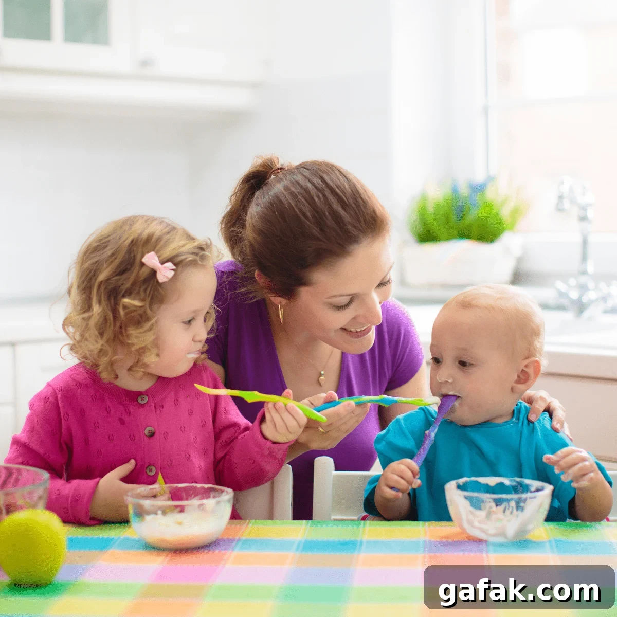 Mom at table with two children eating with plastic spoons from glass bowls.