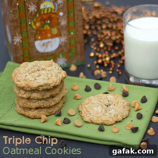 Triple-Chip Oatmeal Cookies Recipe — Chewy Oats & Chocolate Chips 3 triple chip oatmeal cookies text
