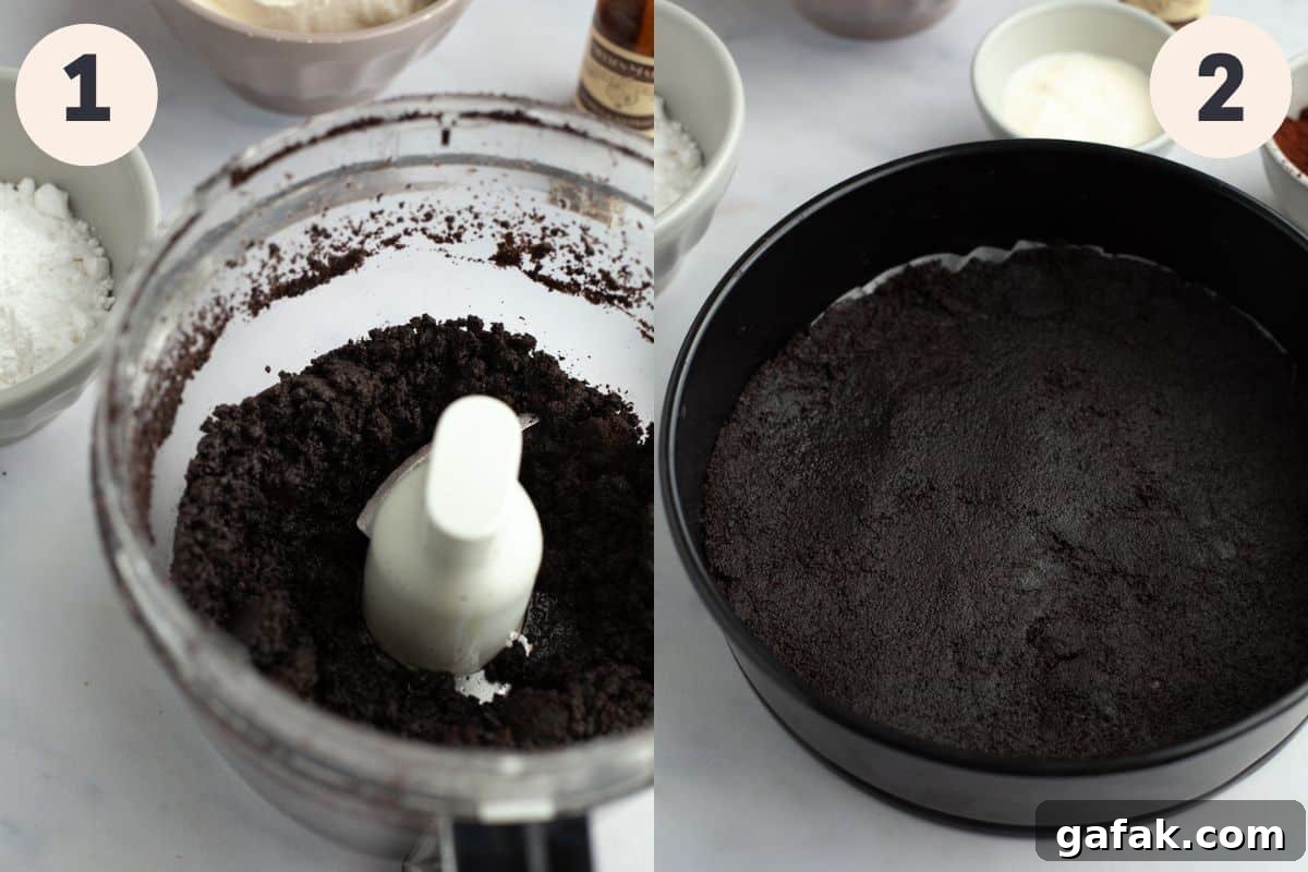 Steps 1 and 2 in the red velvet Oreo cheesecake process.