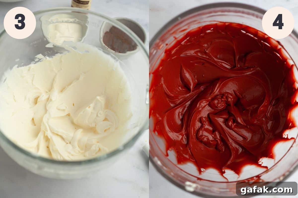 Steps 3 and 4 in the red velvet Oreo cheesecake process.