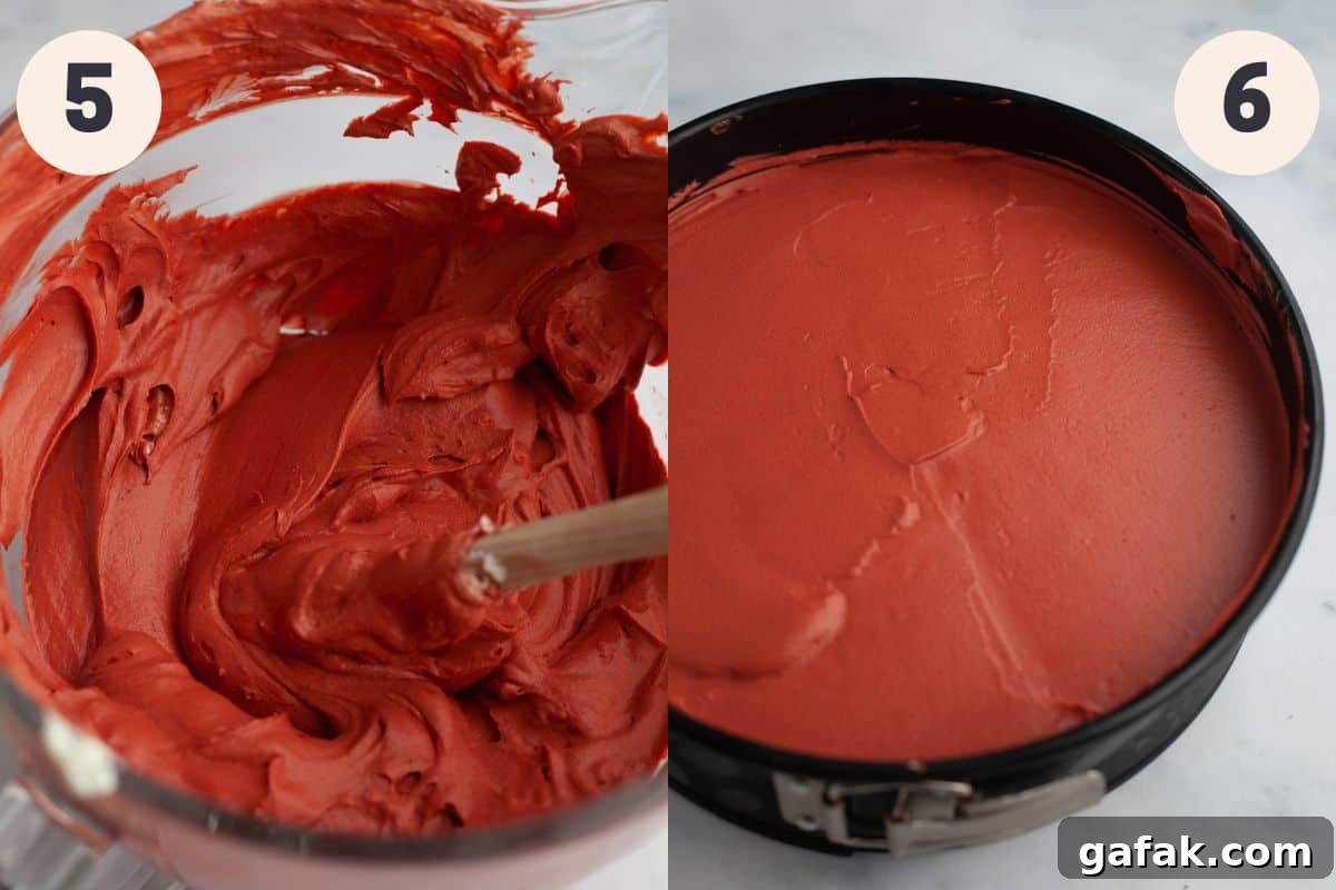 Steps 5 and 6 in the red velvet Oreo cheesecake process.