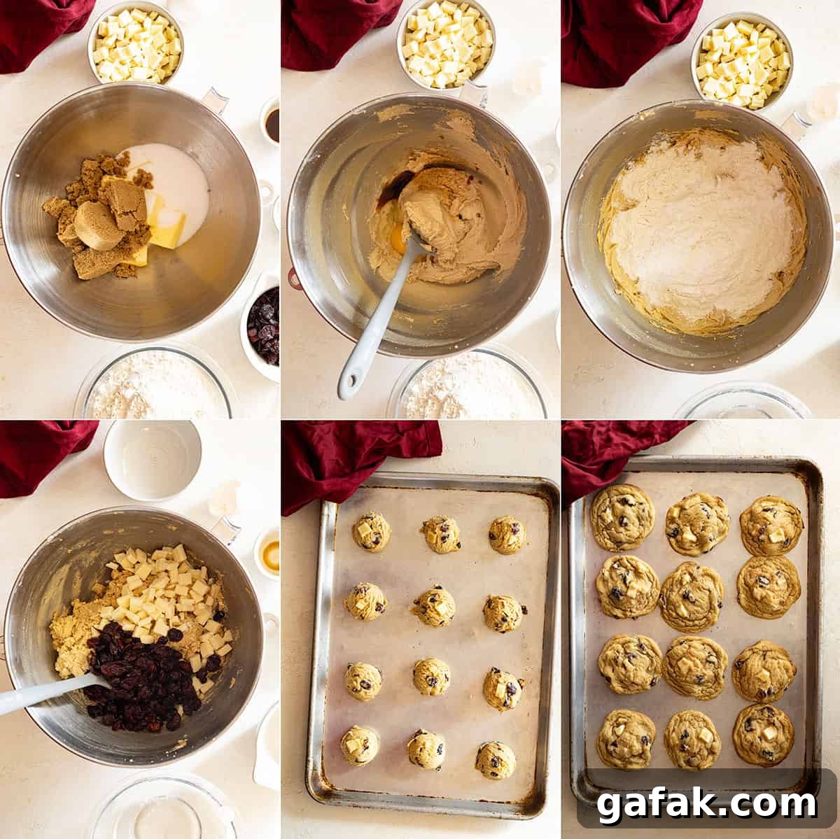 Six pictures showing how to make white chocolate chip cranberry cookies.