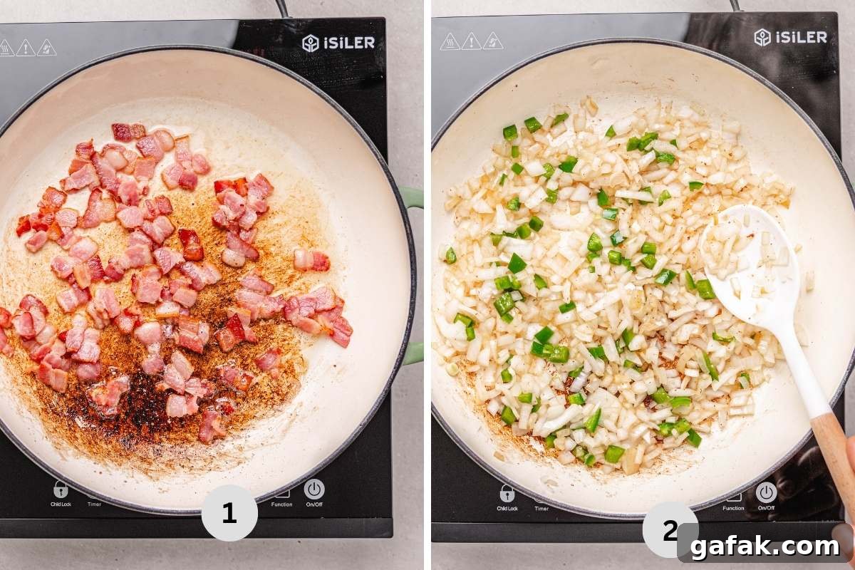 Savory Baked Beans with Seasoned Ground Beef Recipe 5 Cooking the bacon and sautéing the onion and jalapeño.
