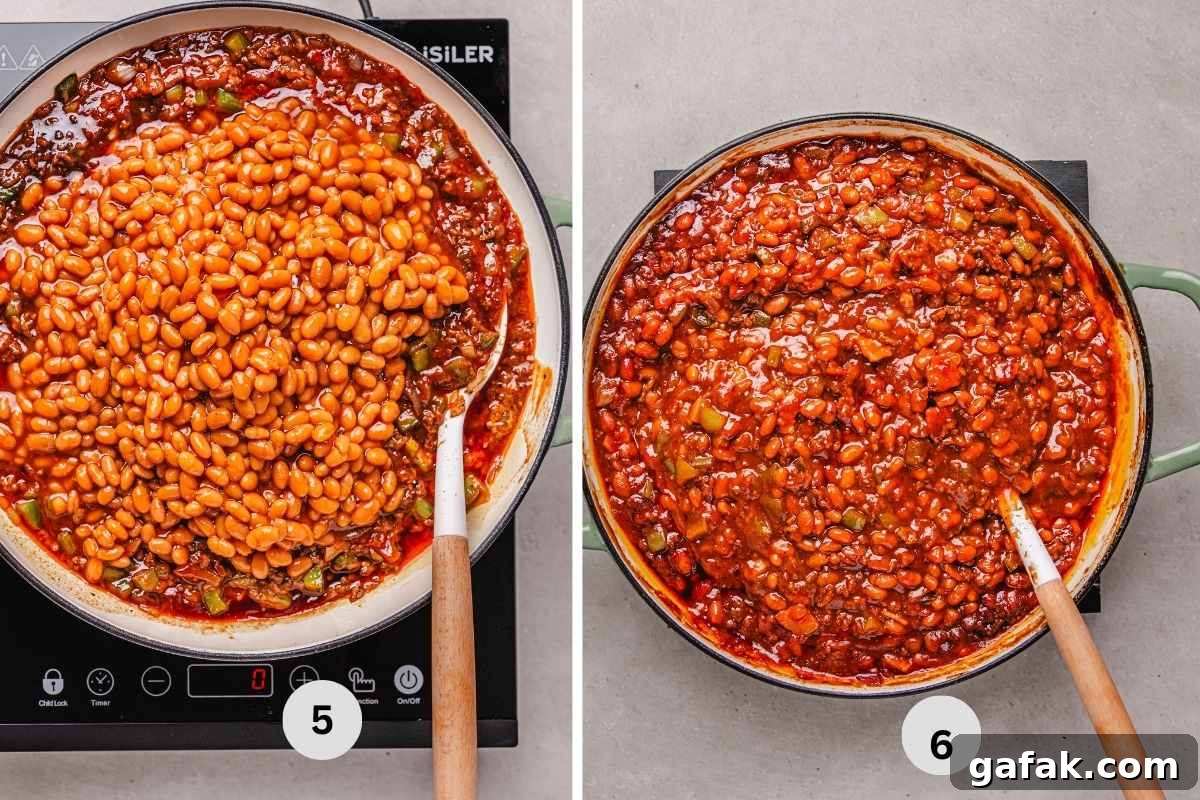 Savory Baked Beans with Seasoned Ground Beef Recipe 7 Adding the baked beans and cooked bacon into the rest of the sauce.