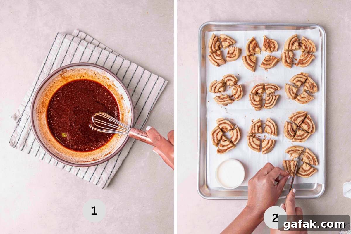 Apple Pie-Filled Cinnamon Rolls: Cinnamon Rolls with Apple Filling 5 Melting the butter and stirring in the brown sugar and spices. Also chopping off the cinnamon rolls.