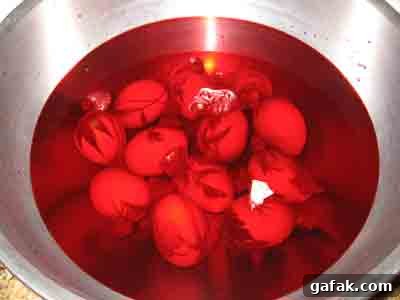 Easter eggs in red dye.