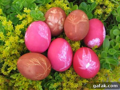 Dyed and decorated Easter eggs.