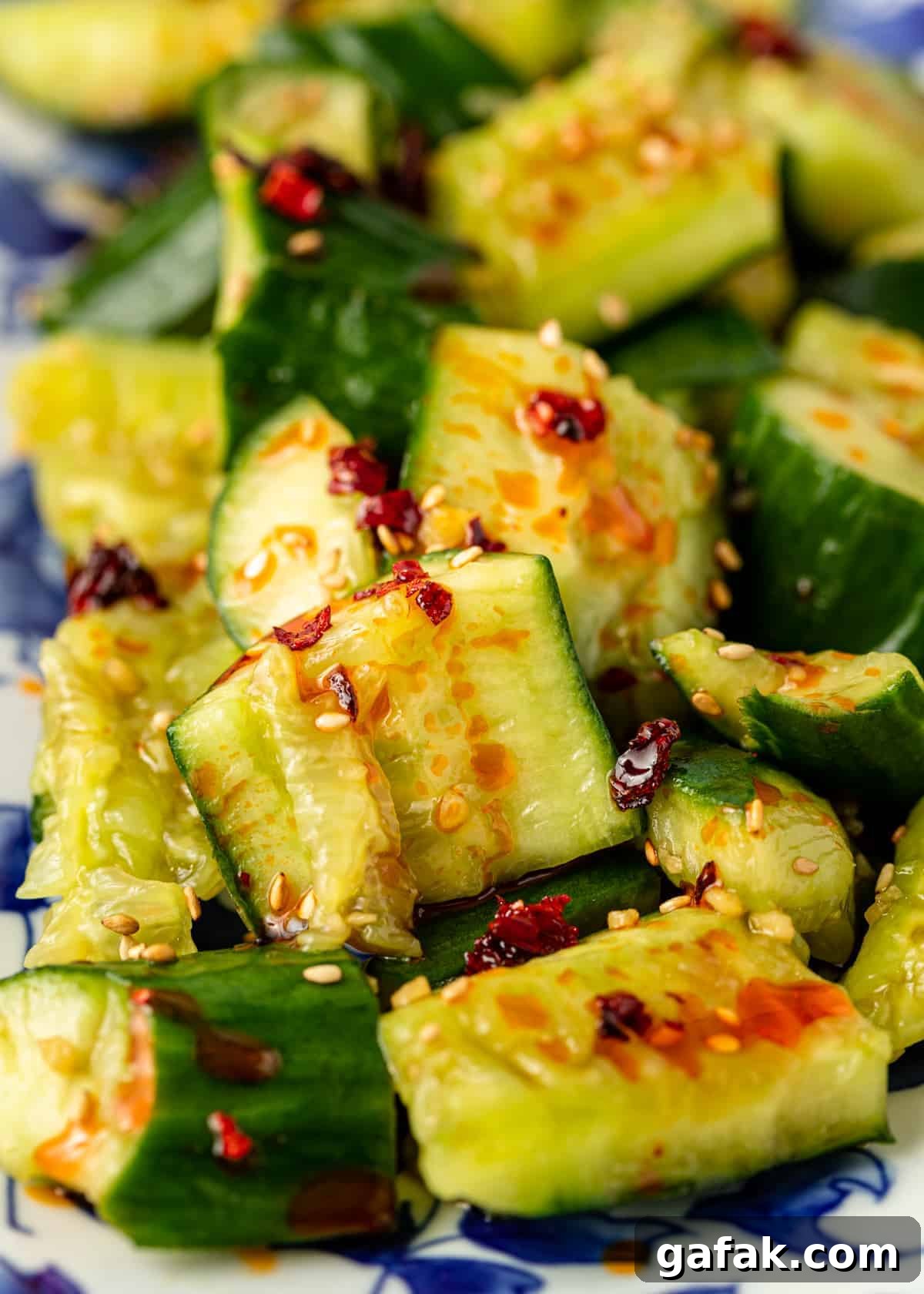 closeup: Chinese cucumber salad with chili oil