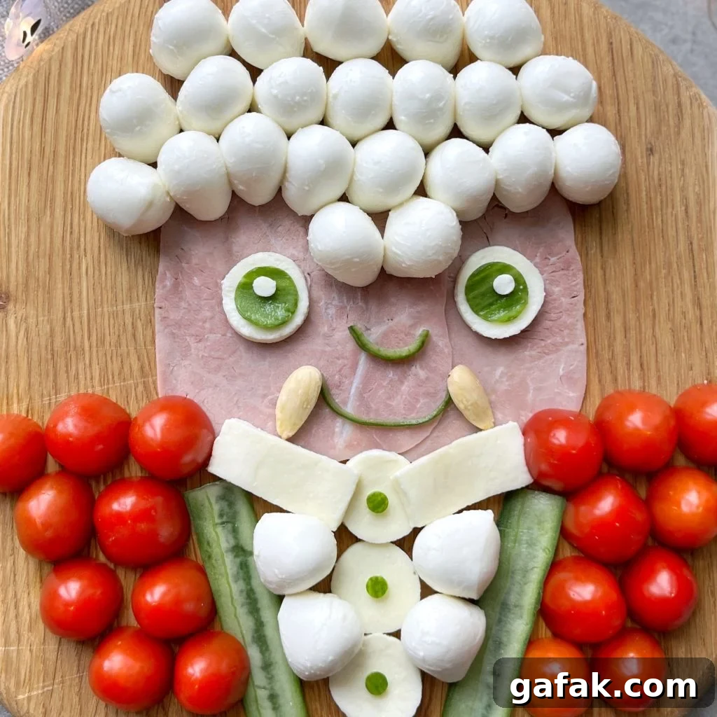 A playful Vampire portrait on a wooden board, using mozzarella balls for hair, ham for the face, blanched almonds for the fangs, cucumber and mozzarella for the body, and cherry tomatoes for the jacket. 