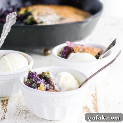 Closeup of a serving of cobbler and ice cream.