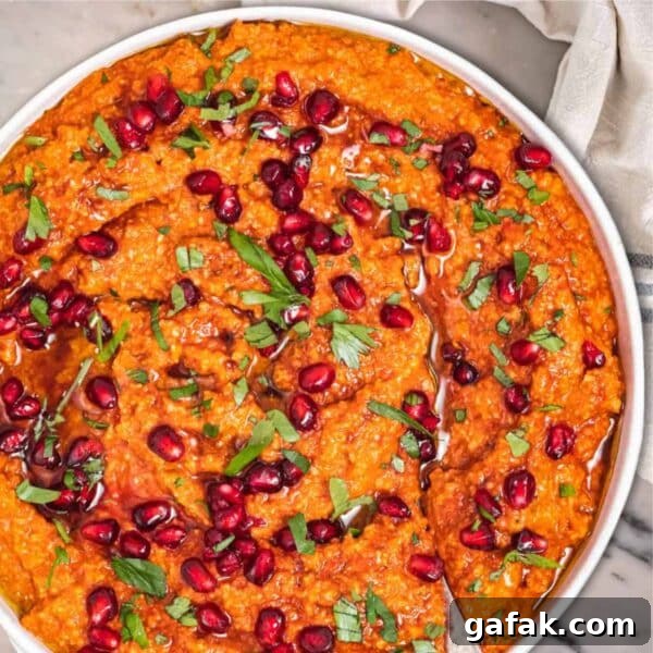 Fatteh with Pita, Hummus, and Creamy Yogurt Bowl 13 Muhammara recipe in a bowl.