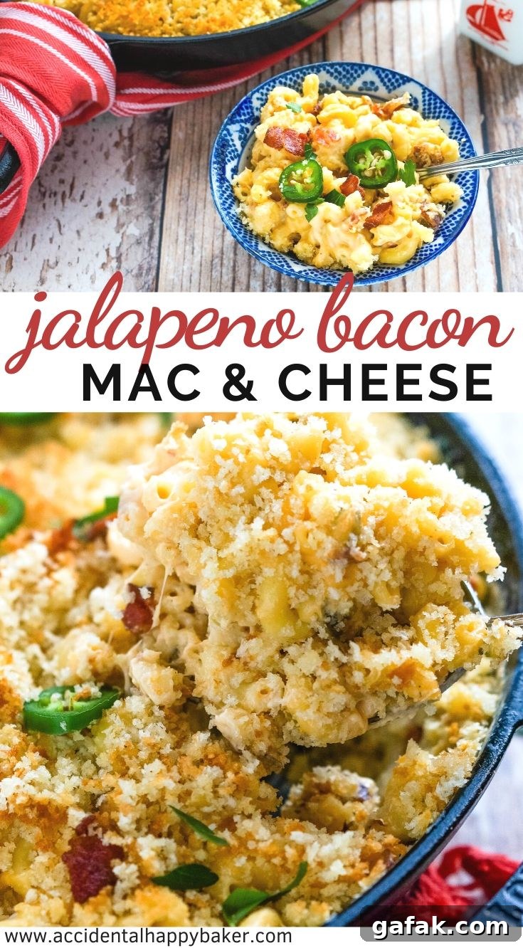 Jalapeno Bacon Mac and Cheese is creamy and cheesy, with spicy jalapenos and crispy bacon! A one pot dish that starts on the stove and finishes in the oven.