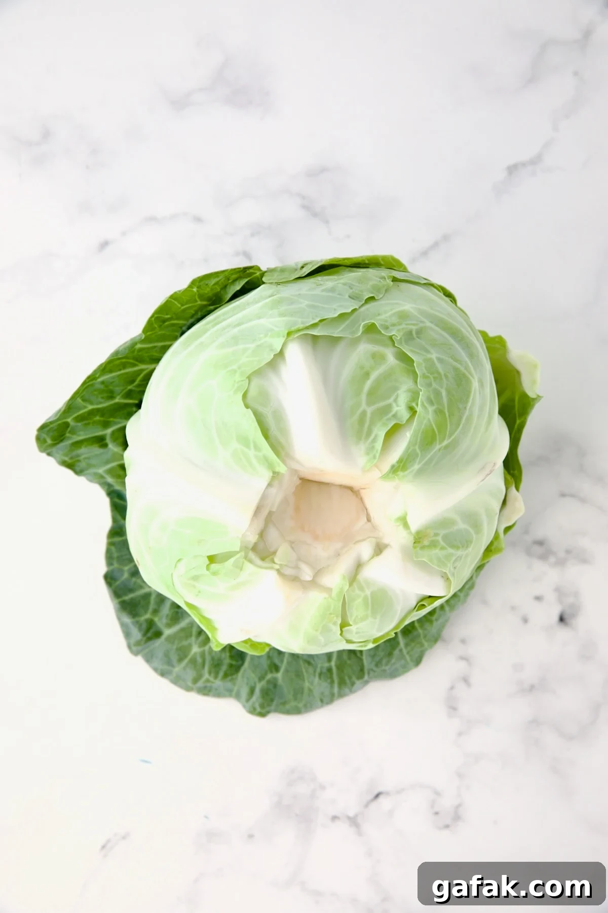 Uncooked head of cabbage with bottom core removed.