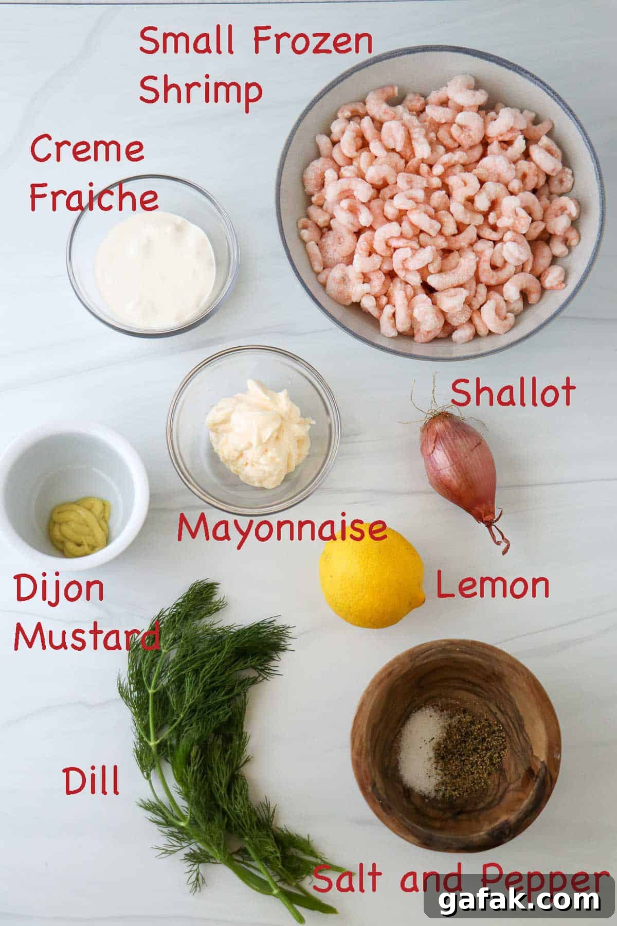 Labeled ingredients for Skagenröra (Swedish Shrimp Salad)