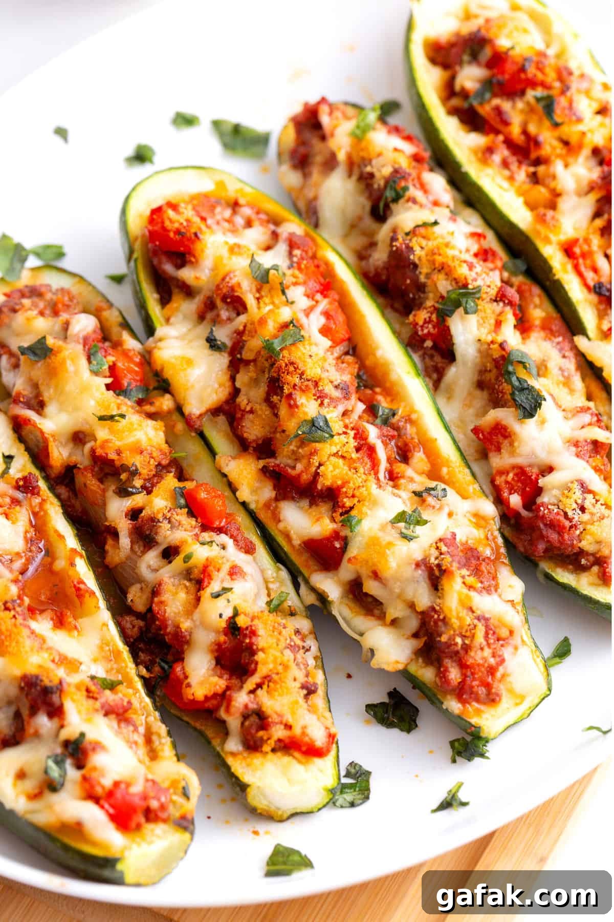 five stuffed zucchini boats served on a white plate.