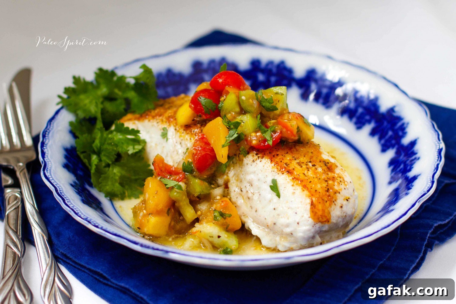 Pan-Fried Halibut with Roasted Tomatillo Peach Salsa | Paleo Spirit