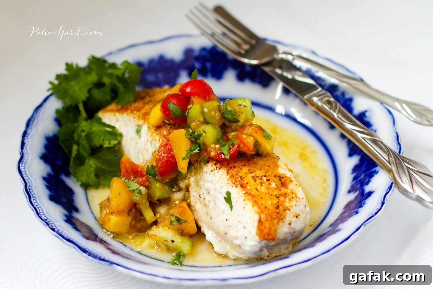 Halibut with Roasted Tomatillo Peach Salsa | Paleo Spirit