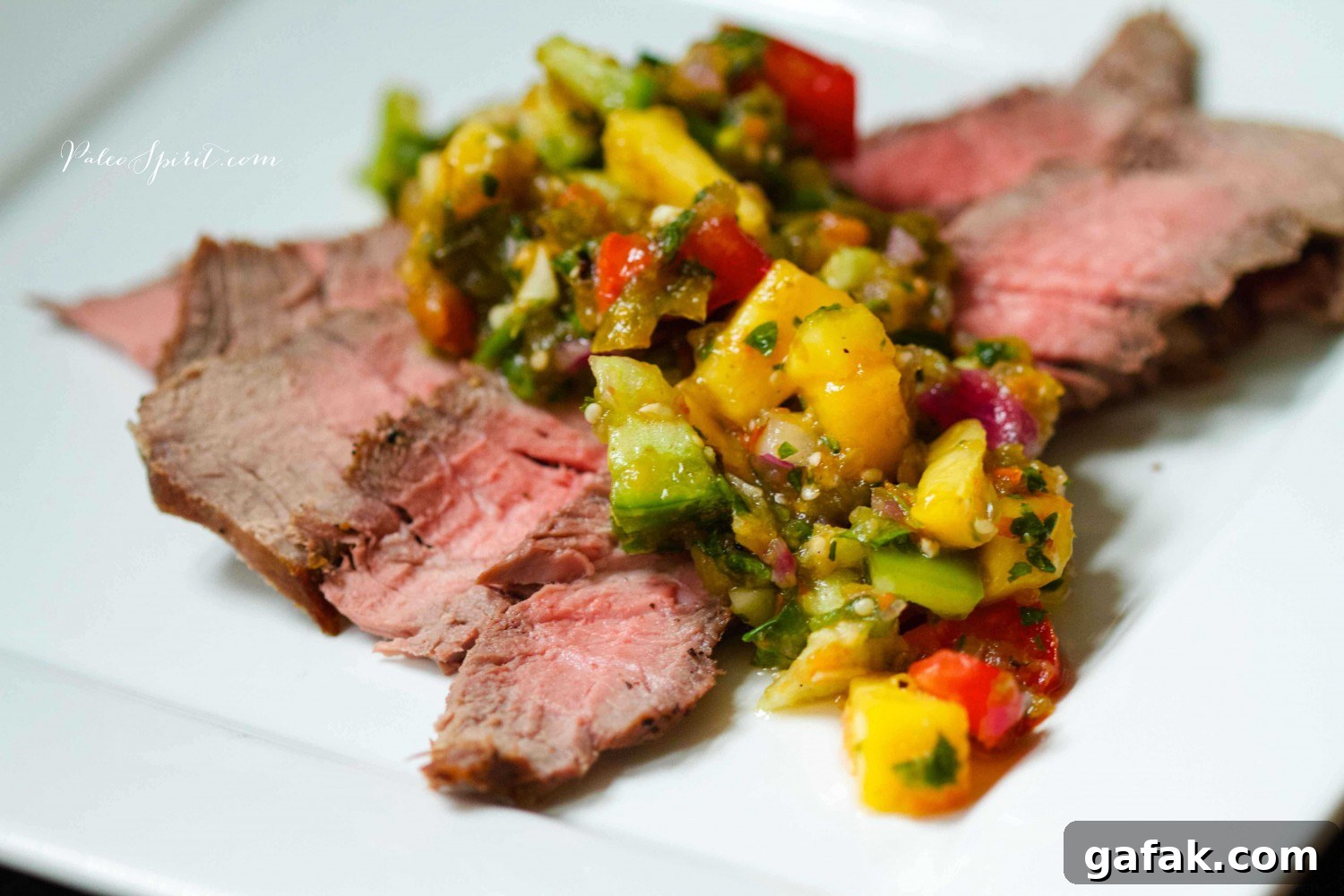 Steak with Roasted Tomatillo Peach Salsa | Paleo Spirit