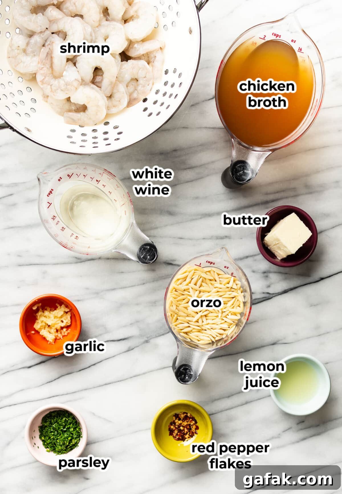 Creamy Shrimp Scampi with Lemon Orzo 3 ingredients for shrimp scampi orzo in prep bowls