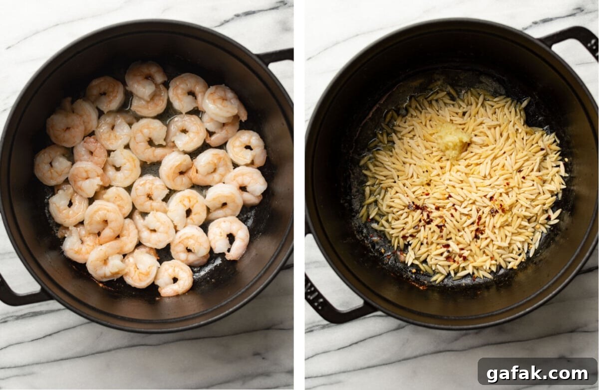 Creamy Shrimp Scampi with Lemon Orzo 4 pan frying shrimp in a pot and then toasting orzo