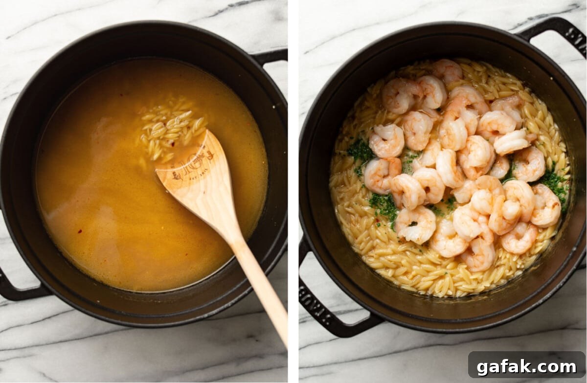 Creamy Shrimp Scampi with Lemon Orzo 5 stirring in chicken broth to a pot with orzo, and adding shrimp and parsley