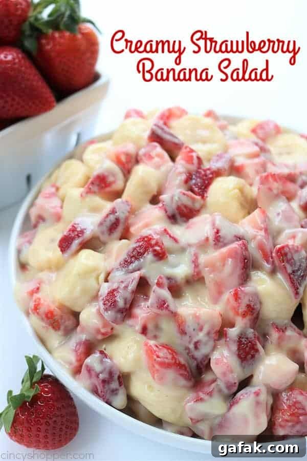 Creamy Strawberry Banana Salad - so super easy to make and makes for a super side dish or dessert for summer potlucks. #strawberries #fruit #salad #sidedish