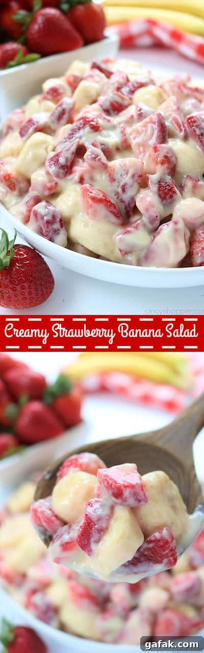 Creamy Strawberry Banana Salad - so super easy to make and makes for a super side dish or dessert for summer potlucks. #strawberries #fruit #salad #sidedish