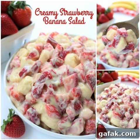 Creamy Strawberry Banana Salad - so super easy to make and makes for a super side dish or dessert for summer potlucks. #strawberries #fruit #salad #sidedish