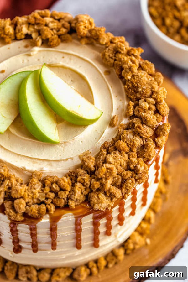 close up view of caramel apple crumble cake