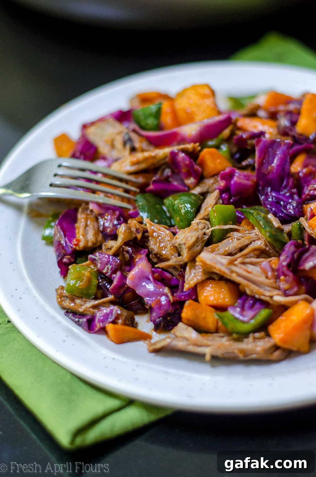 BBQ Brisket Hash: BBQ brisket refreshed with vegetables: tender sweet potatoes, crisp red cabbage, and smoky poblano and jalapeño peppers.