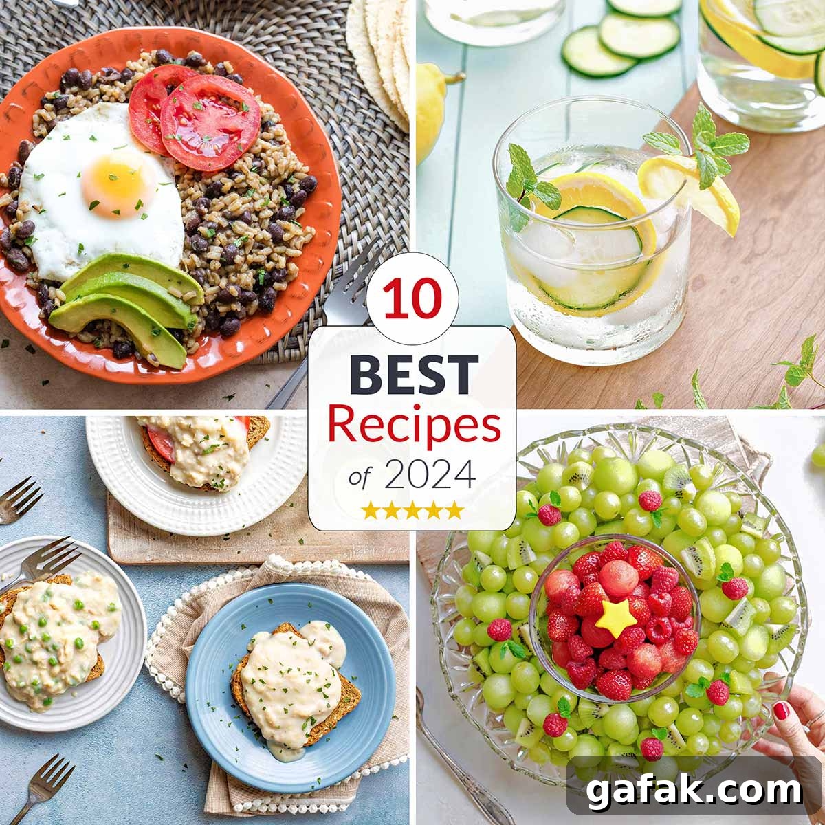 Top 10 Most Delish Recipes of 2024 You’ll Want to Try 14 Collage of 4 recipe photos with central text "10 BEST Recipes of 2024" with five gold stars.