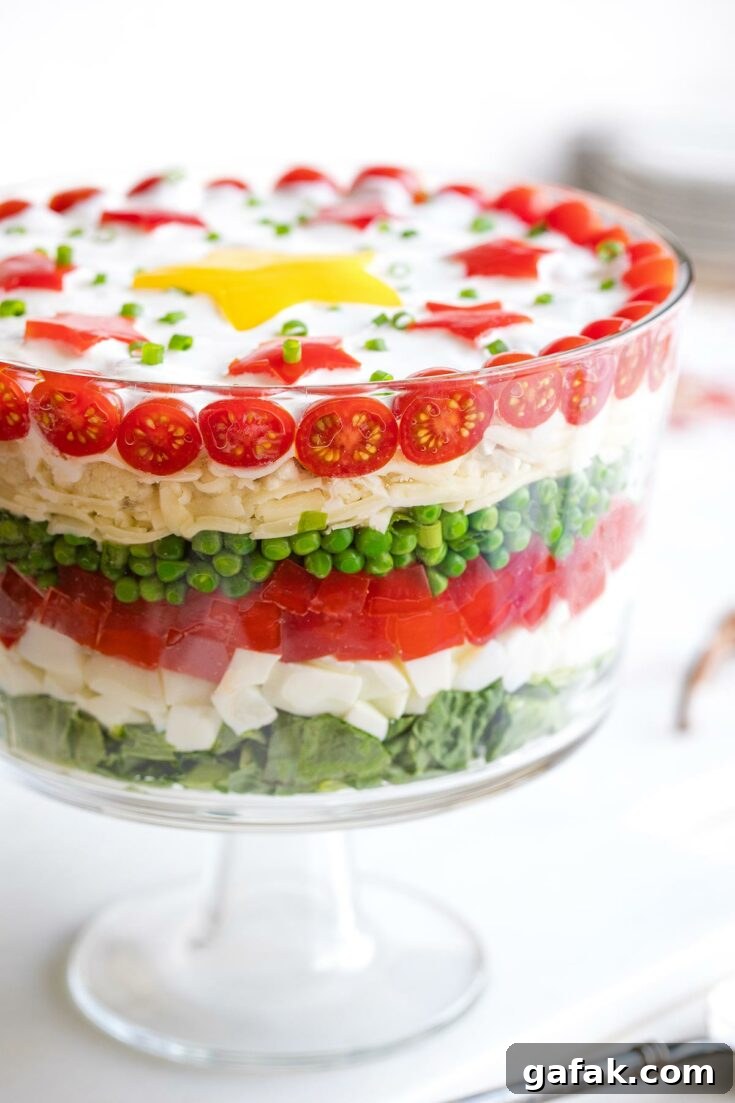 Side view of salad in footed glass potluck bowl so you can see the 7 layers of Christmas colors.