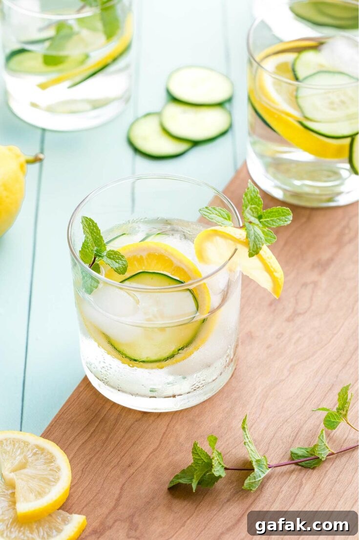 Several glasses of the finished recipe arranged with extra ingredients scattered nearby and also added as garnishes to the water.